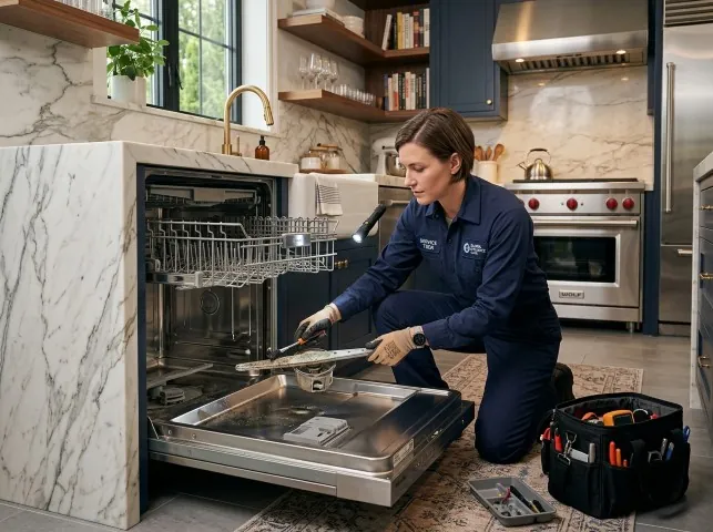Appliance Repair Hero technician servicing a built-in dishwasher in a Bergheim, TX kitchen