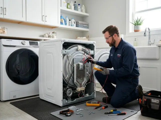 Appliance Repair Hero technician checking a dryer heating element with the rear panel off in Bergheim, TX