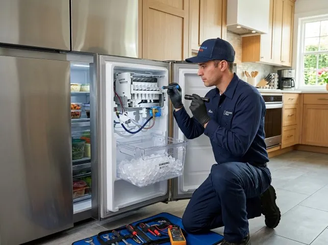 Appliance Repair Hero technician repairing a refrigerator ice maker in Bergheim, TX
