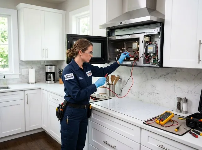Appliance Repair Hero technician testing an over-the-range microwave in a Bergheim, TX kitchen