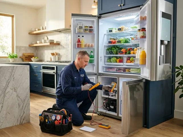 Appliance Repair Hero refrigerator technician testing a fridge on a Bergheim, TX service call