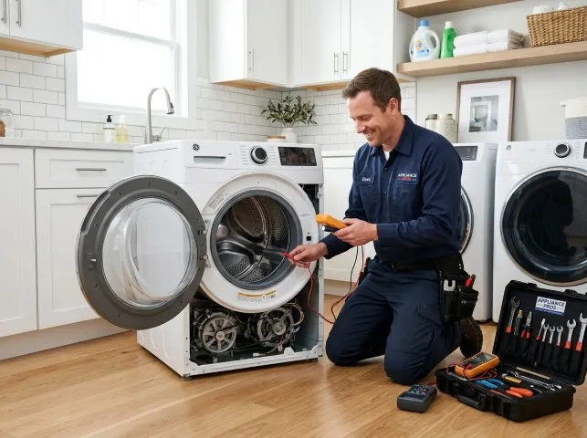 Appliance Repair Hero technician testing a front-load washer with a multimeter on a Bergheim, TX service call